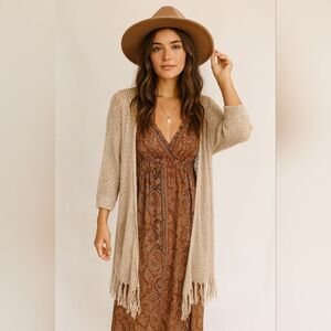 Open Weave Crochet Long Line Cardigan Beige M Lightweight Neutral Fisherman Coas